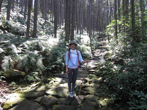熊野古道伊勢路・馬越峠の石畳と一人旅女性