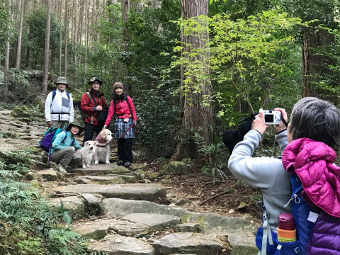 熊野古道伊勢路・馬越峠の石畳にて記念写真を撮るガイド玉置仁美と、ツアー参加者4人と犬2匹