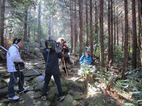 熊野古道伊勢路・馬越峠エコツアーをテレビ撮影する様子